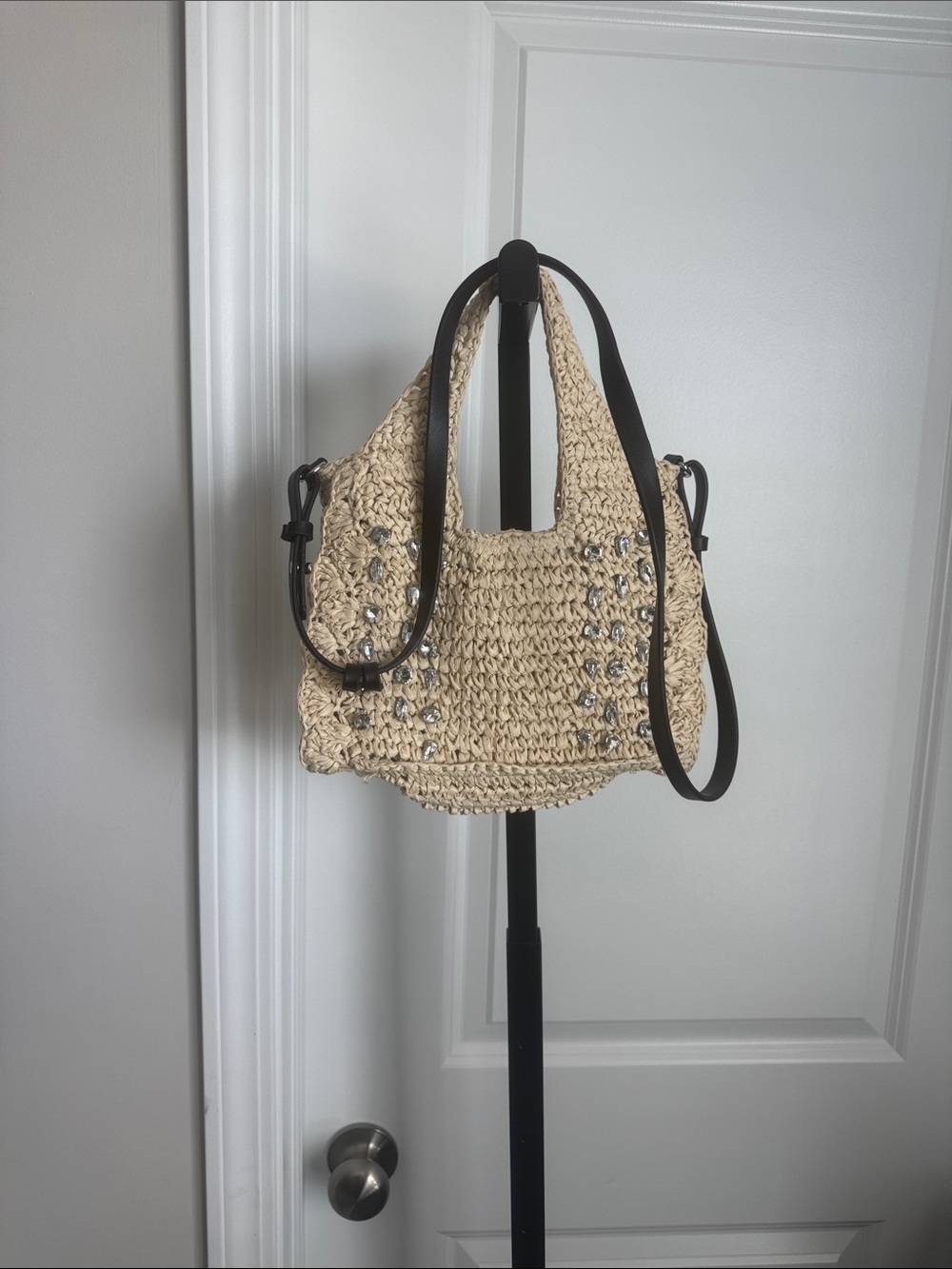 Beige Crochet Shoulder Bag with Stud Accents and Black Strap